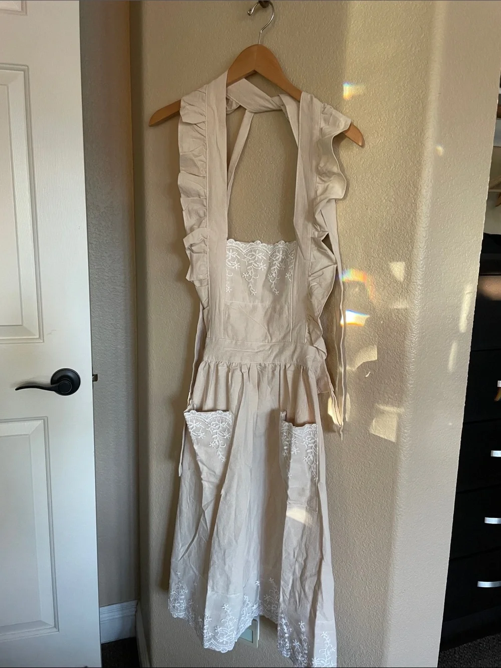 Cream Ruffled Apron with Embroidered Detail No Size Tag